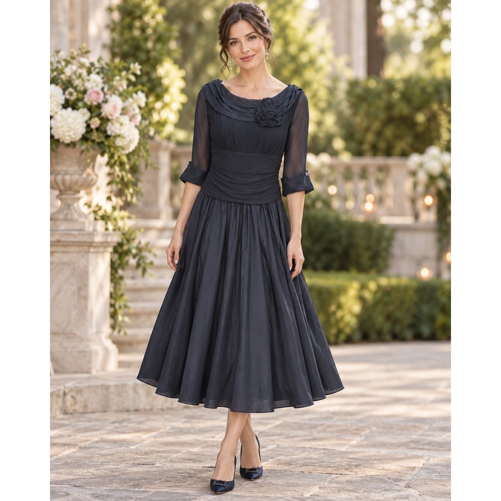 1950s Inspired Portrait Neck Rosette Midi Evening Dress Romantic Formal Size 12